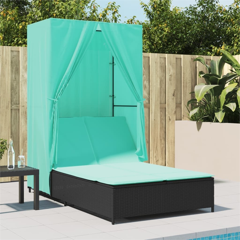 Pemberly Row Poly Rattan Double Sun Lounger with Roof and Curtains in Black
