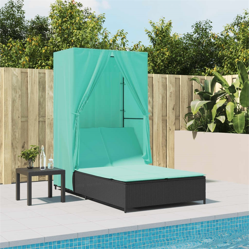 Pemberly Row Poly Rattan Double Sun Lounger with Roof and Curtains in Black