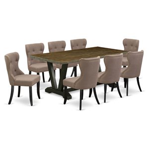 Pemberly Row 9-Piece Wood Dining Table Set with Linen Fabric Chairs