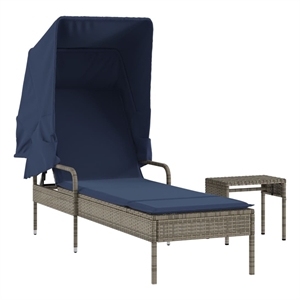 Pemberly Row PE Rattan Patio Sun Lounger with Canopy and Table in Gray