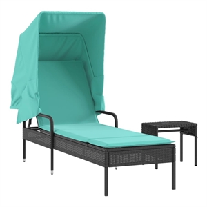 Pemberly Row PE Rattan Patio Sun Lounger with Canopy and Tea Table in Black