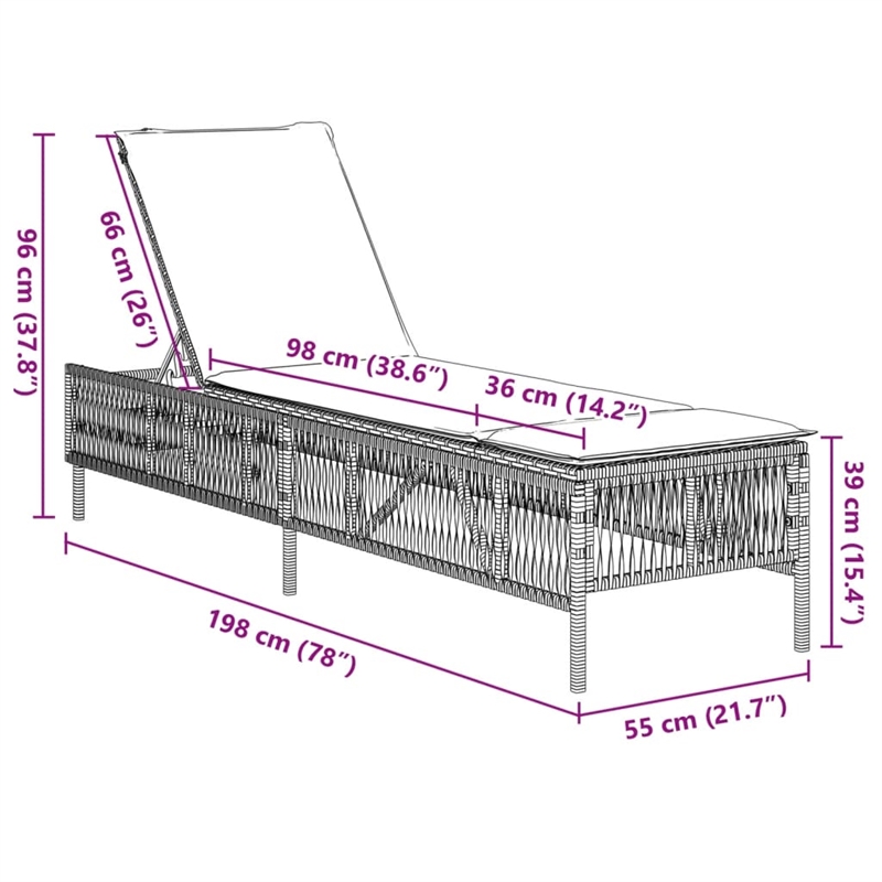 Pemberly Row PE Rattan 77.9 x 21.7 x 37.8 in Adjustable Sun Lounger in Gray