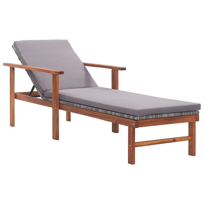 Pemberly Row Poly Rattan and Acacia Wood Sun Lounger with Cushion in Gray