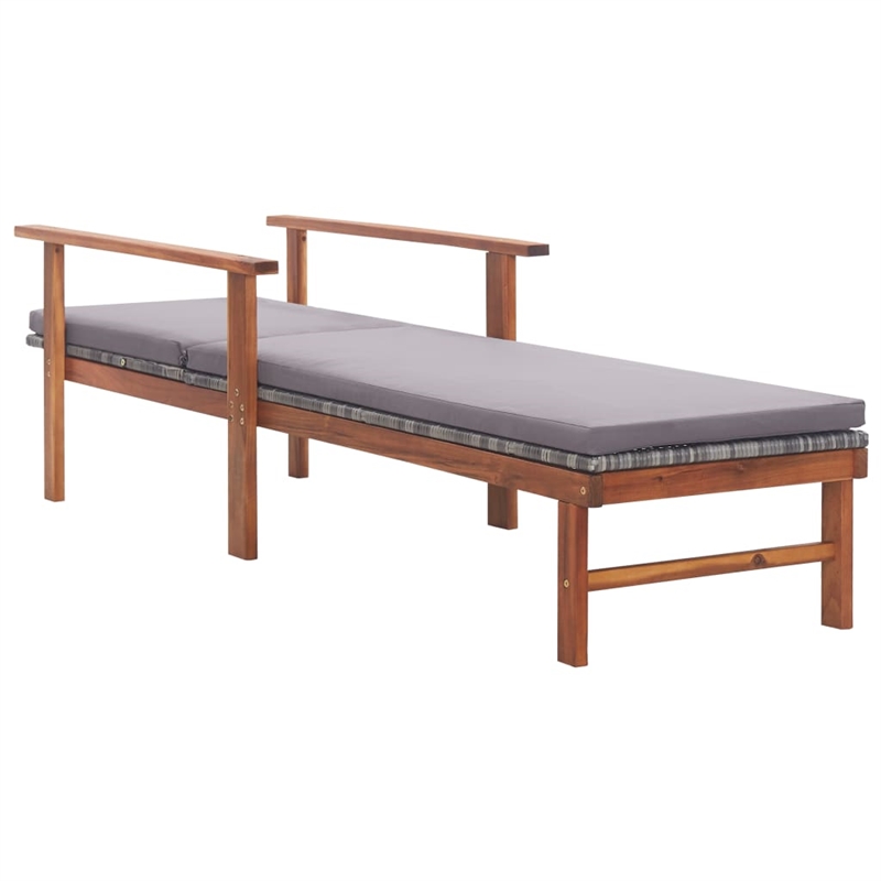 Pemberly Row Poly Rattan and Acacia Wood Sun Lounger with Cushion in Gray