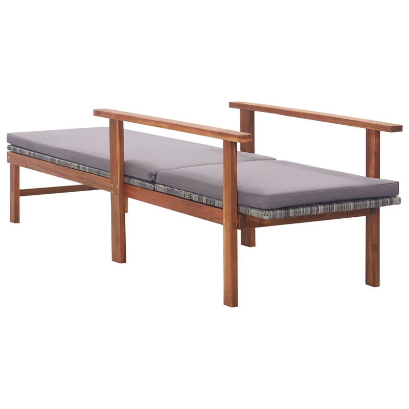 Pemberly Row Poly Rattan and Acacia Wood Sun Lounger with Cushion in Gray