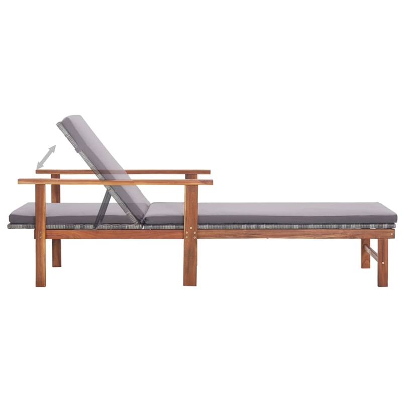 Pemberly Row Poly Rattan and Acacia Wood Sun Lounger with Cushion in Gray