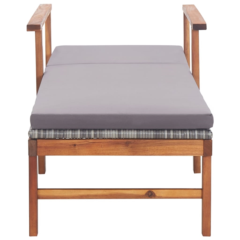 Pemberly Row Poly Rattan and Acacia Wood Sun Lounger with Cushion in Gray