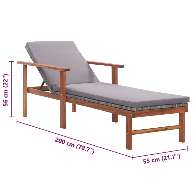 Pemberly Row Poly Rattan and Acacia Wood Sun Lounger with Cushion in Gray