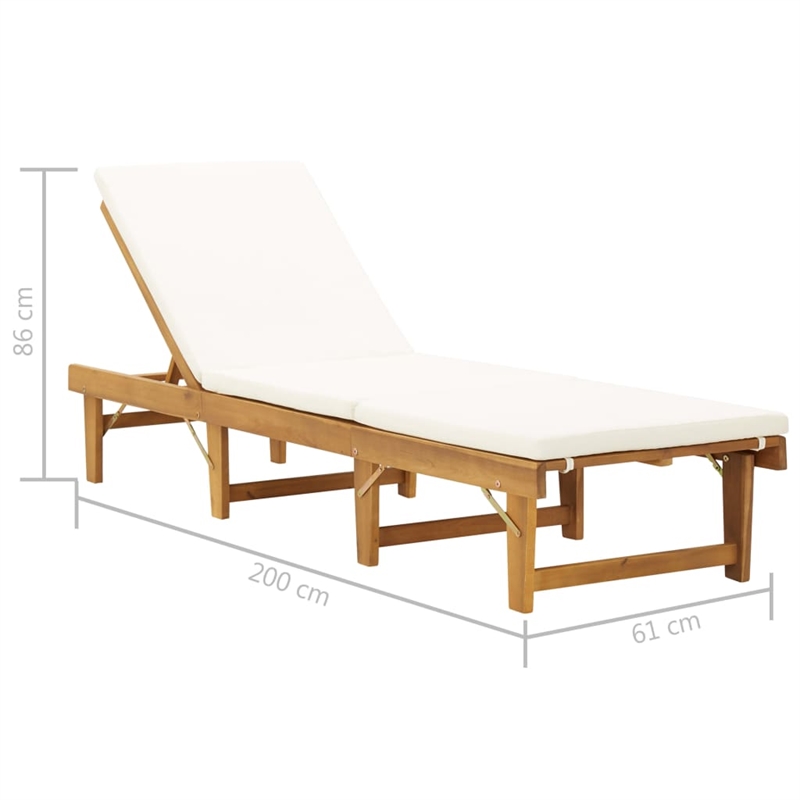 Pemberly Row Solid Acacia Wood Foldable Sun Lounger with Cushion in Natural