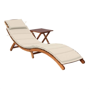 Pemberly Row Solid Acacia Wood Foldable Sun Lounger with Table in Cream
