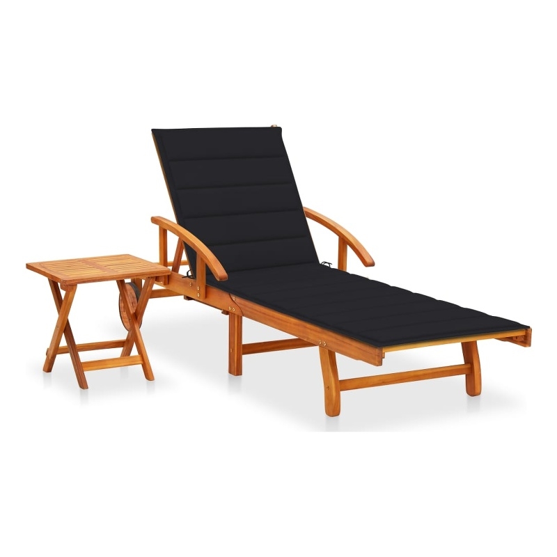 Pemberly Row Solid Acacia Wood Foldable Sun Lounger with Wheels in Natural