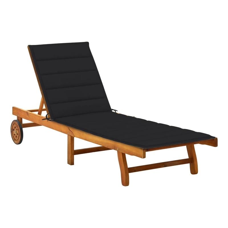 Pemberly Row Acacia Sun Lounger with Pull-Out Table in Natural and Black