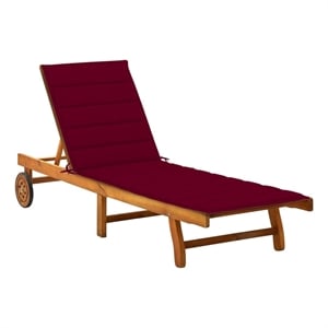 Pemberly Row Acacia Wood Sun Lounger with Wheels in Wine Red Cushion