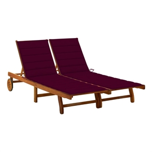 Pemberly Row Solid Acacia Wood 2-Person Sun Lounger with Wheels in Wine Red