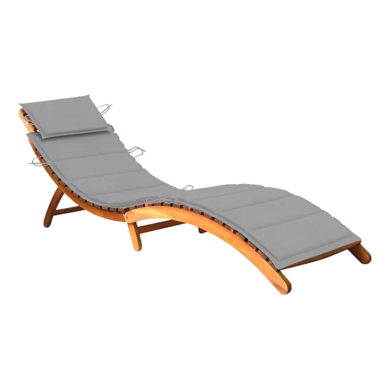 Pemberly Row Solid Acacia Wood Foldable Sun Lounger with Cushion in Gray