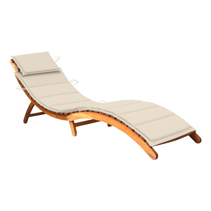 Pemberly Row Solid Acacia Wood Foldable Sun Lounger with Cushion in Cream