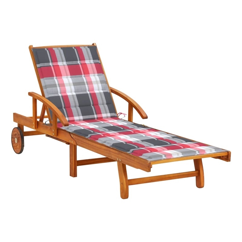 Pemberly Row Solid Acacia Wood Sun Lounger with Adjustable Footrests in Red