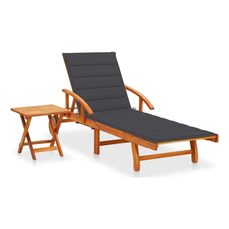 Pemberly Row Acacia Wood Adjustable Sun Lounger with Table in Anthracite