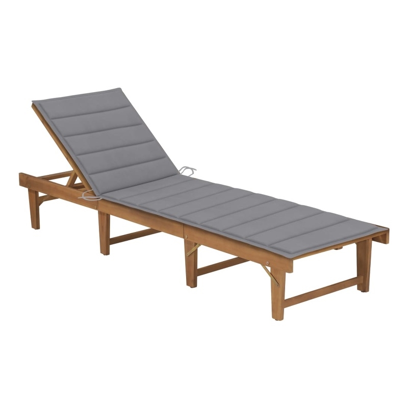 Pemberly Row Solid Acacia Wood Foldable Sun Lounger with Cushion in Gray