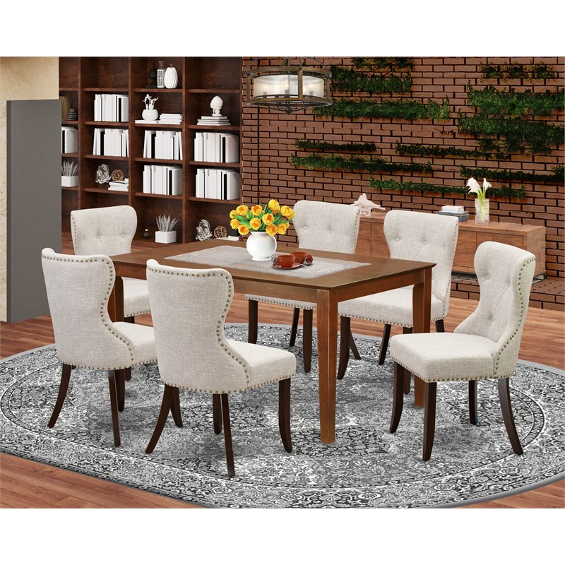 Pemberly Row 7-Piece Wood Dining Set with Fabric Seats in Mahogany