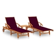 Pemberly Row Acacia Wood Sun Lounger Set with Table in Wine Red Cushions
