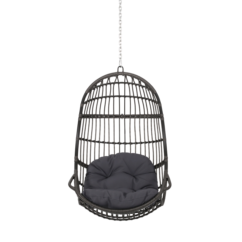 Pemberly Row Gray Fabric Rattan Hanging Basket Chair with 8 ft Chain