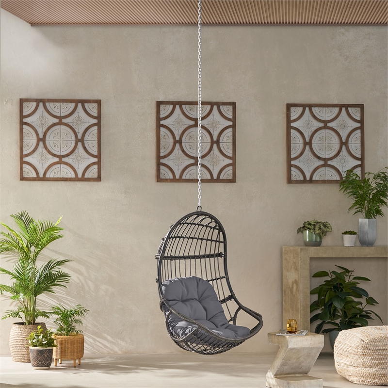 Pemberly Row Gray Fabric Rattan Hanging Basket Chair with 8 ft Chain