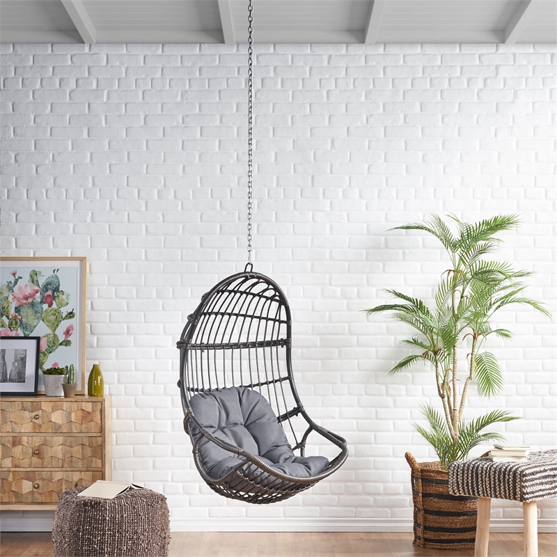 Pemberly Row Gray Fabric Rattan Hanging Basket Chair with 8 ft Chain