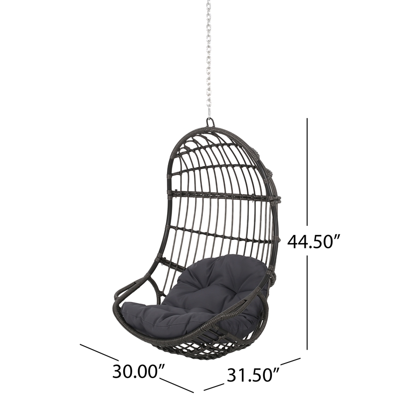 Pemberly Row Gray Fabric Rattan Hanging Basket Chair with 8 ft Chain