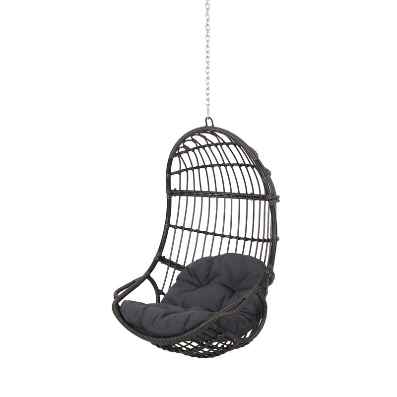 Pemberly Row Gray Fabric Rattan Hanging Basket Chair with 8 ft Chain