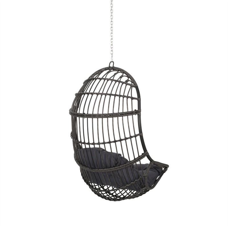 Pemberly Row Gray Fabric Rattan Hanging Basket Chair with 8 ft Chain