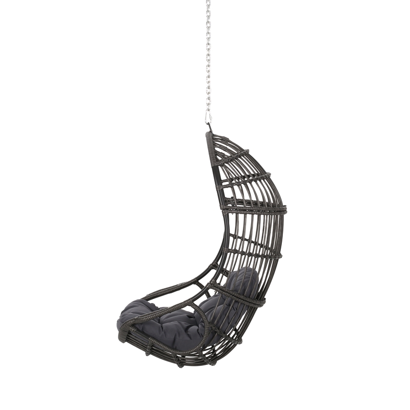 Pemberly Row Gray Fabric Rattan Hanging Basket Chair with 8 ft Chain