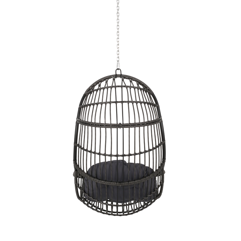 Pemberly Row Gray Fabric Rattan Hanging Basket Chair with 8 ft Chain