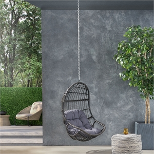 Pemberly Row Gray Fabric Rattan Hanging Basket Chair with 8 ft Chain