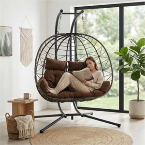 Pemberly Row Brown Rattan Double Hanging Egg Chair with Stand and Cushion