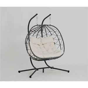 Pemberly Row Beige Steel 2-Person Wicker Hanging Egg Chair with Stand