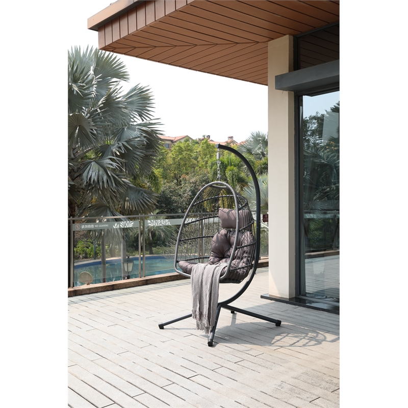 Pemberly Row Gray Aluminum Hanging Egg Chair with Stand and Cup Holder