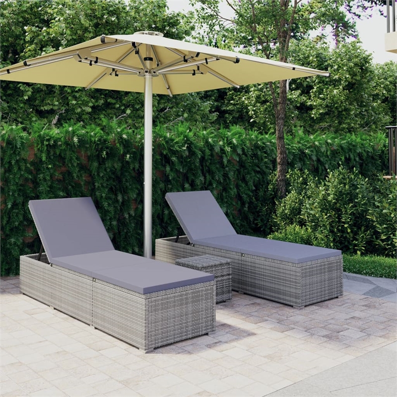 Pemberly Row PE Rattan Adjustable Sun Lounger Set with Table in Gray