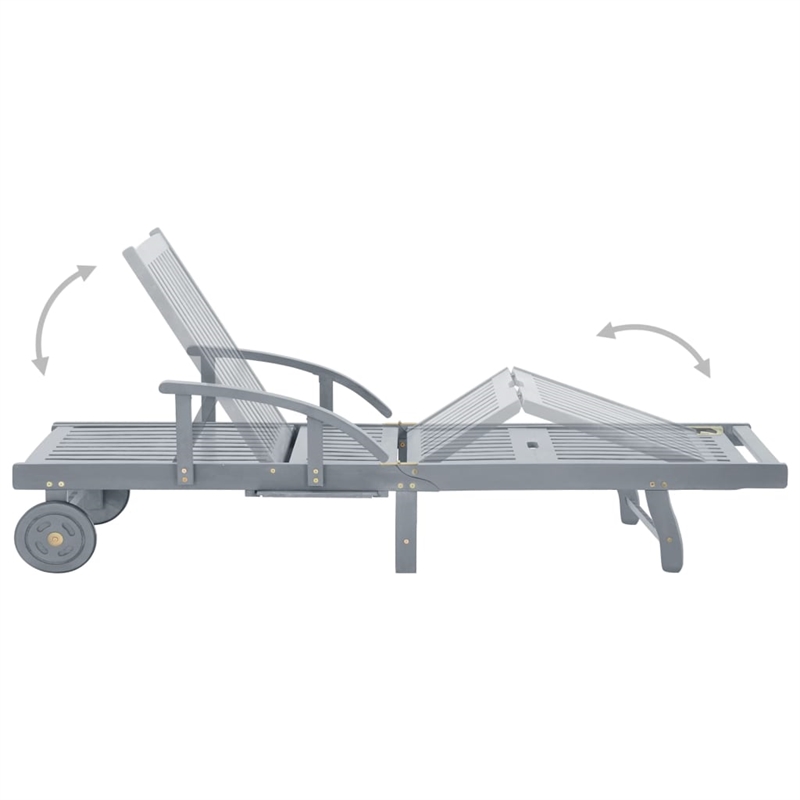 Pemberly Row Solid Acacia Wood Adjustable Sun Lounger with Wheels in Gray