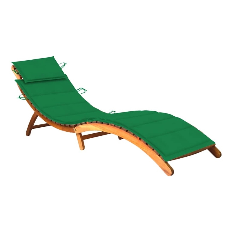 Pemberly Row Solid Acacia Wood Foldable Sun Lounger with Cushion in Green