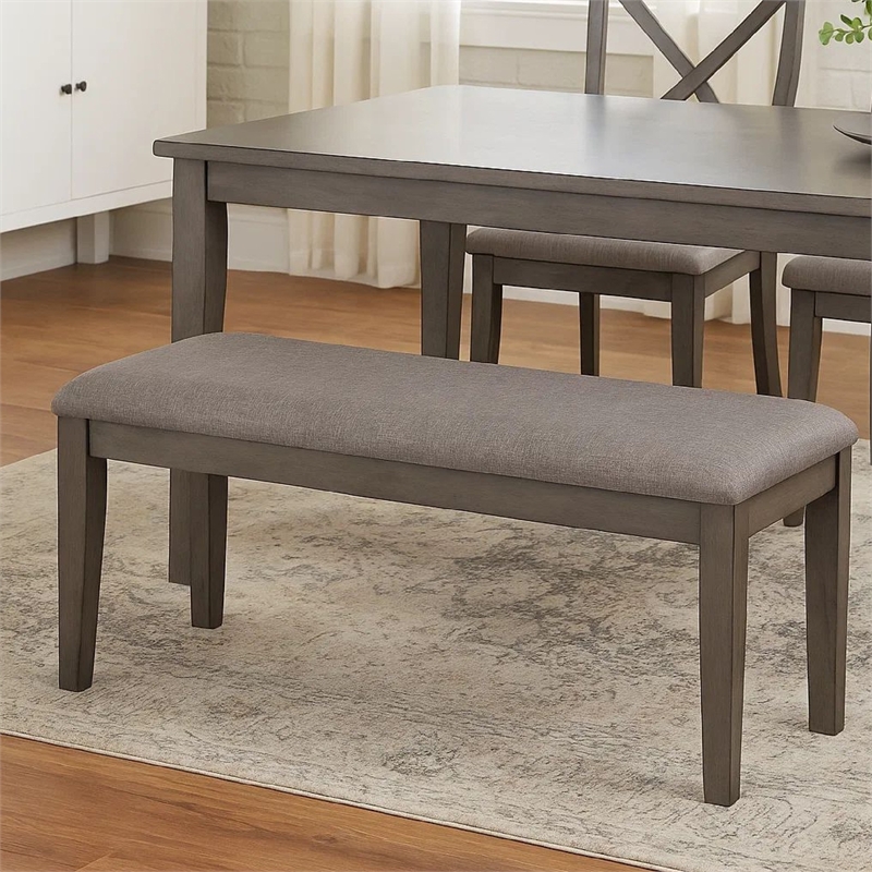 Pemberly Row Fabric Padded Bench with Wooden Tapered Legs in Charcoal Gray