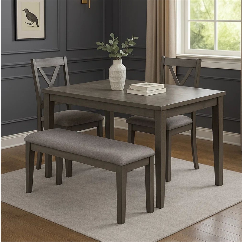 Pemberly Row Fabric Padded Bench with Wooden Tapered Legs in Charcoal Gray