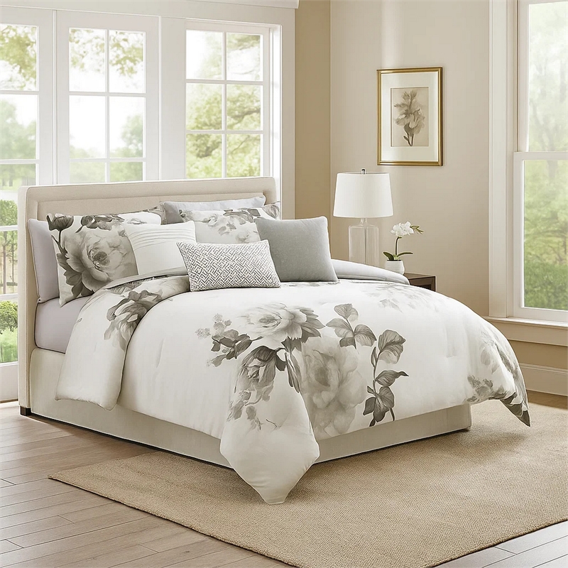 Pemberly Row 7-Piece King Comforter Set with Floral Print in Gray & White