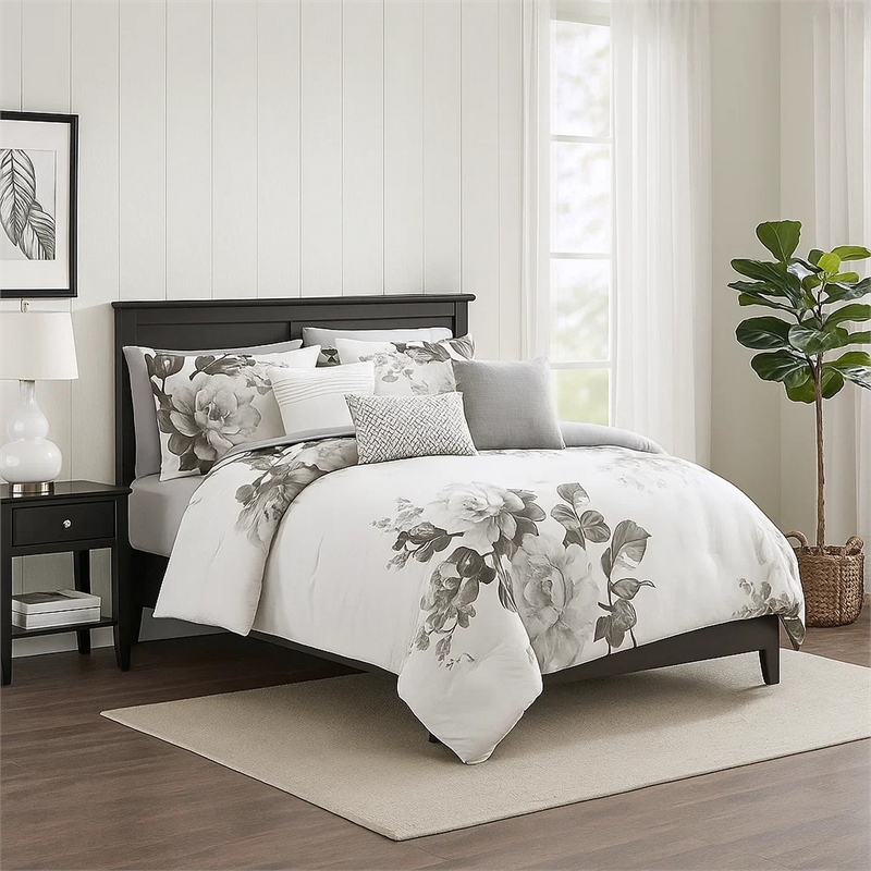 Pemberly Row 7-Piece King Comforter Set with Floral Print in Gray & White