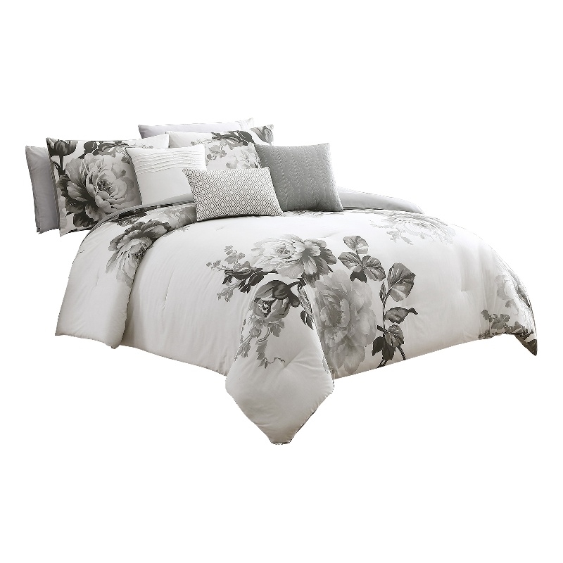 Pemberly Row 7-Piece King Comforter Set with Floral Print in Gray & White