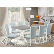 Pemberly Row 9-Piece Wood Dining Set with Baby Blue Chairs in White