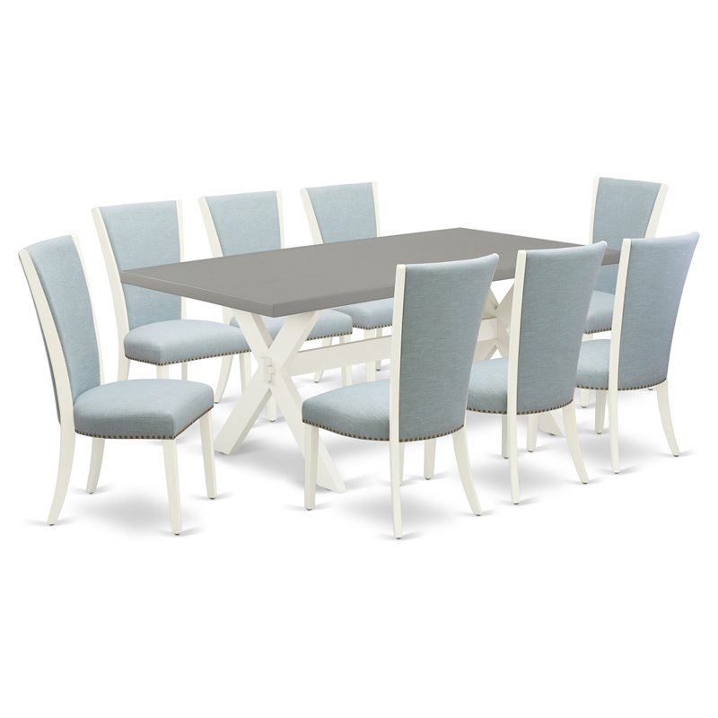 Pemberly Row 9-Piece Wood Dining Set with Baby Blue Chairs in White