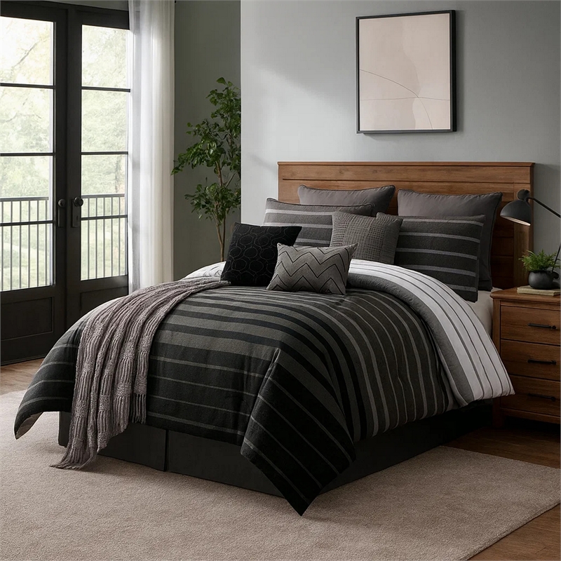 Pemberly Row 10-Piece King Comforter with Striped Details in Black & Gray