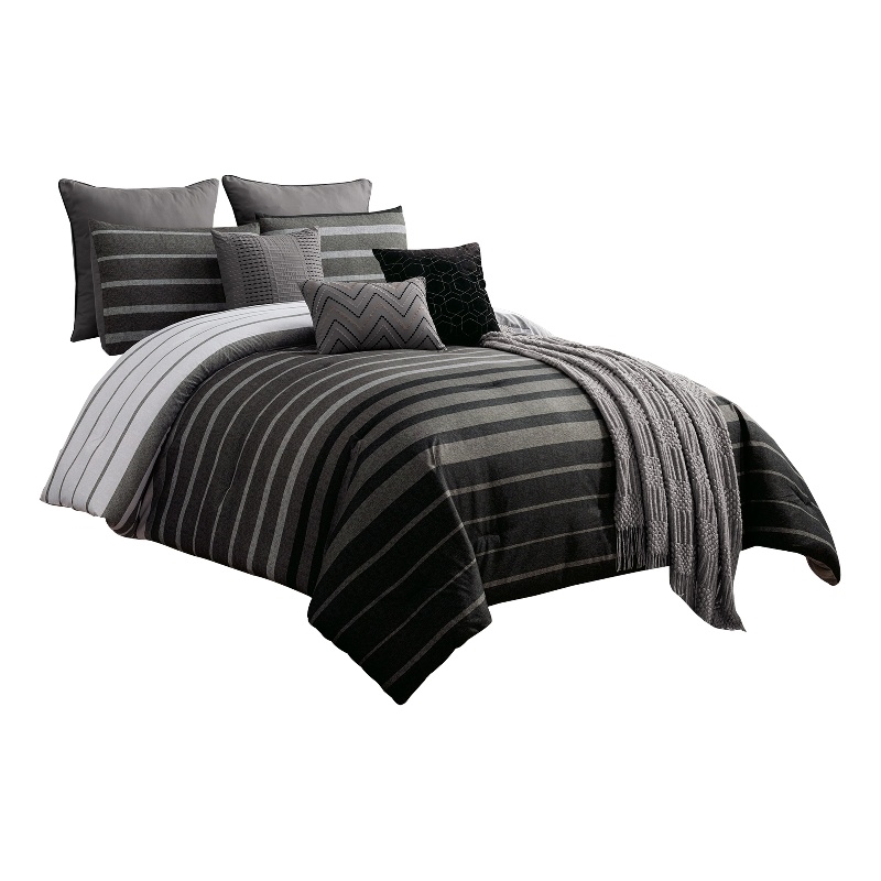 Pemberly Row 10-Piece Queen Comforter with Striped Details in Black & Gray