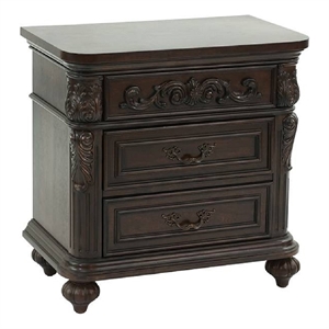Pemberly Row 30&quot 3-Drawer Engraved Pine Wood and MDF Nightstand in Brown